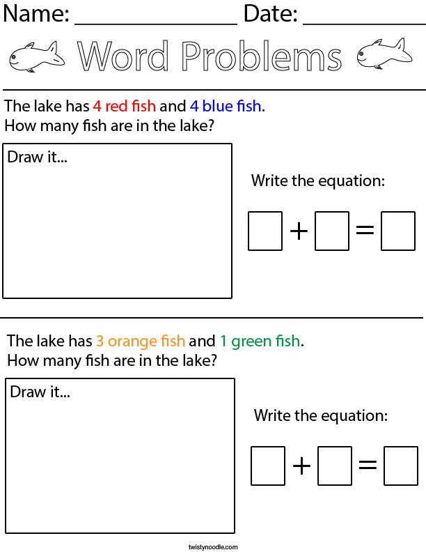 Fish Addition Word Problems Kindergarten Math Worksheet Twisty Noodle Fish Addition Word Problems Kindergarten Math Worksheet Twisty Noodle